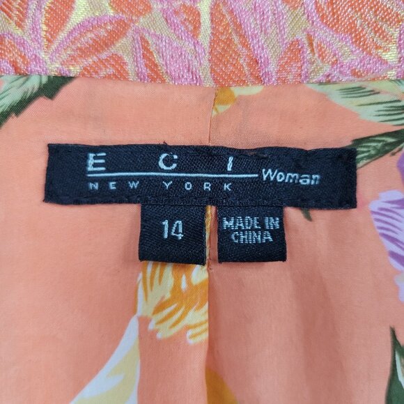 ECI New York Orange Floral 100% Silk Lined Rhinestone Snap Notch Jacket Size 14 - Picture 3 of 16
